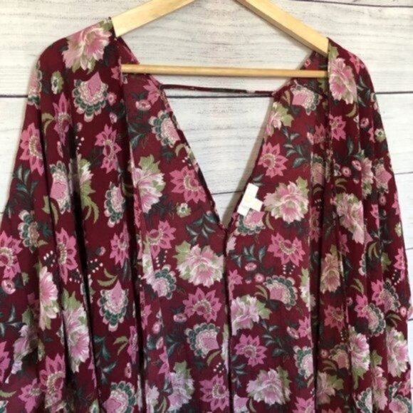C. Wonder Red Floral Boho Short Sleeve Kimono Duster S - Picture 3 of 6